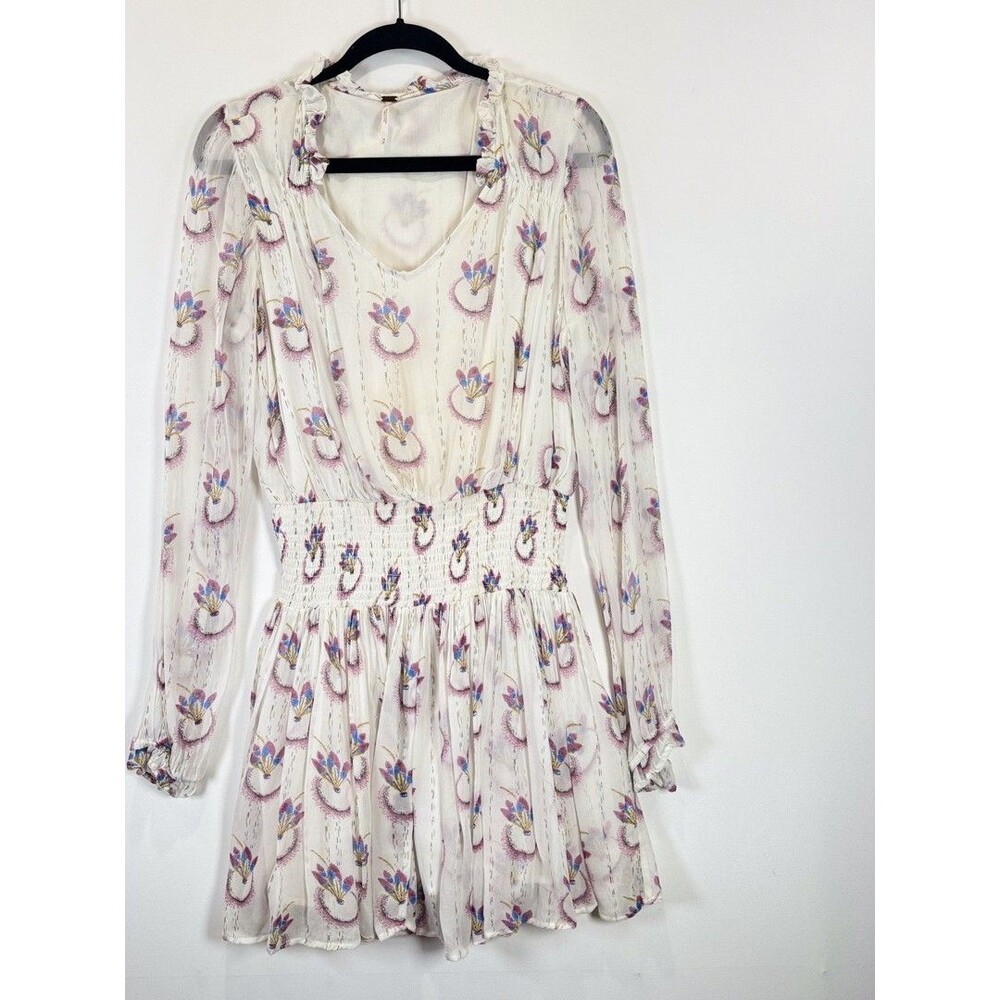 Free People Mini Dress Beige Wild Horses Dreamcatcher V Neck Smocked Medium - Picture 6 of 12